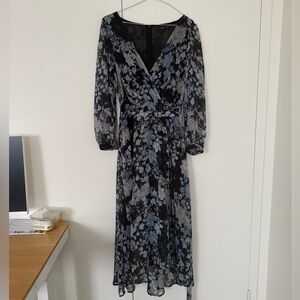 Mango Black and Blue Floral Long Sleeve Dress